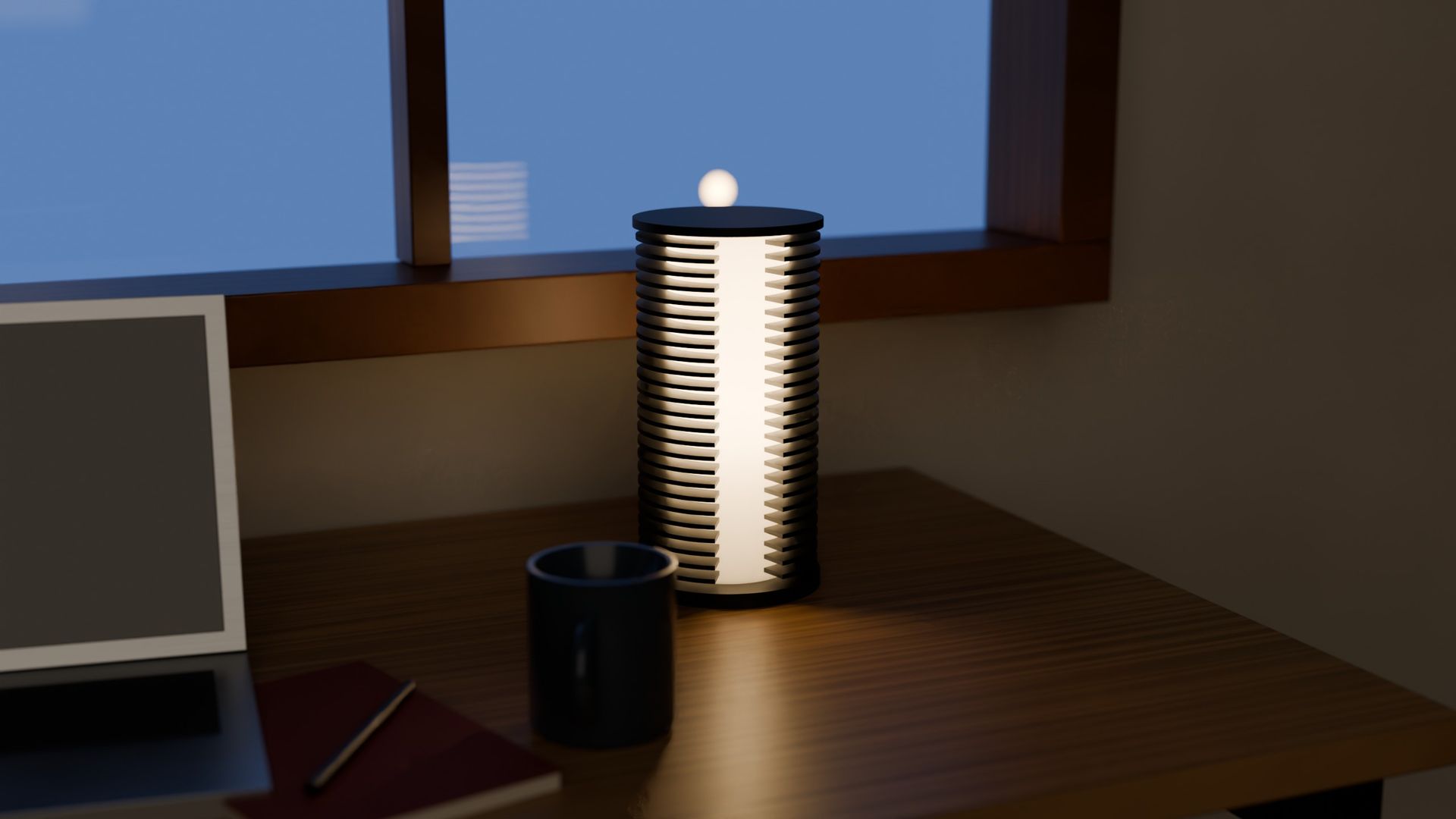 COLUMN table lamp switched on, on a desk by a window at dusk