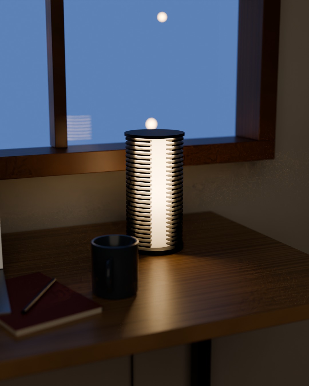 COLUMN table lamp in graphite, switched on, on a work desk