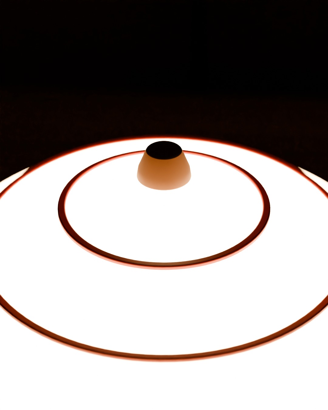 Close-up of the GASING cordless lamp in red, steel grey and wood, switched on, in a kampung house interior, crown bands and the wooden knob