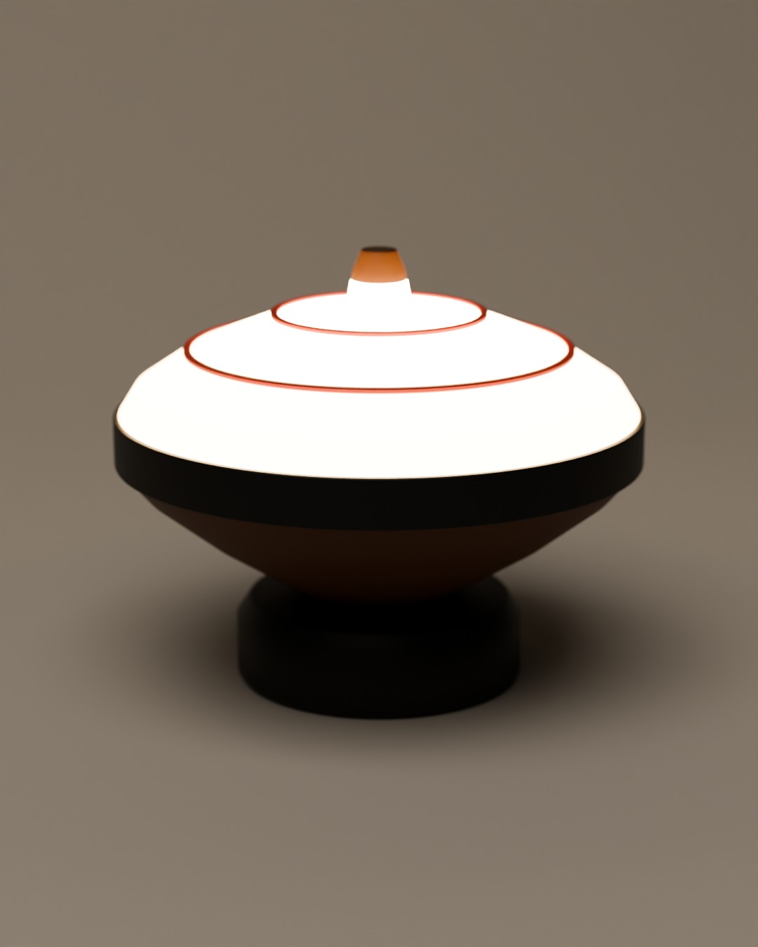 GASING cordless lamp in red, steel grey and wood, switched on, on a plain studio background