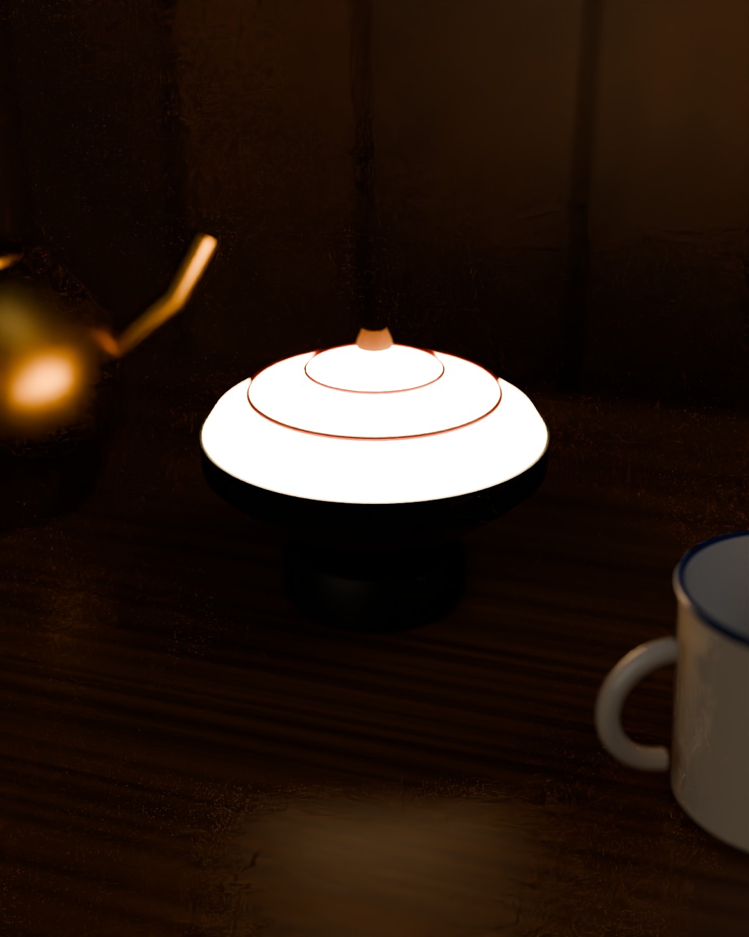 GASING cordless lamp in red, steel grey and wood, switched on, in a kampung house interior