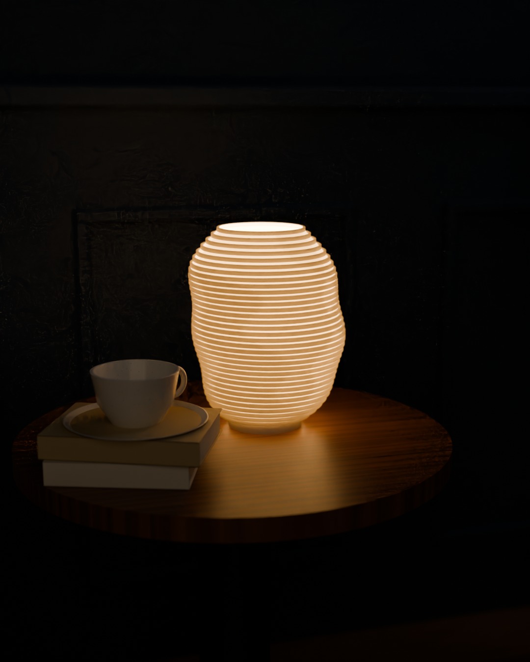 KONTUR table lamp in bone white, switched on, beside a sofa