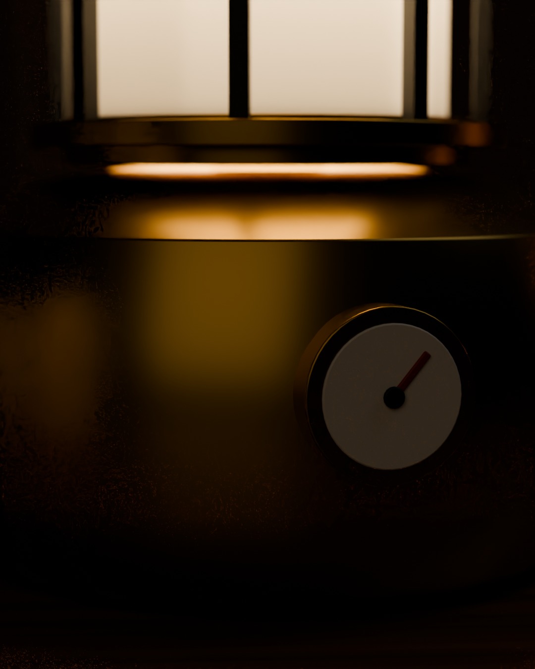Close-up of the PAM table lamp in brass, switched on, in a kampung house interior, brass tank and pressure gauge