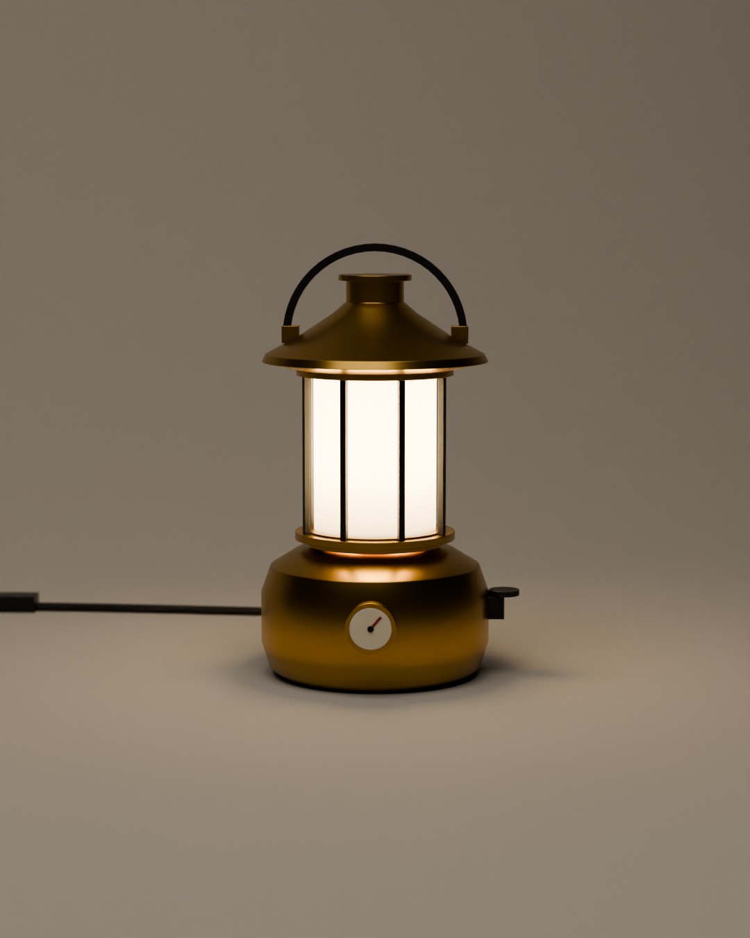 PAM table lamp in brass, switched on, on a plain studio background