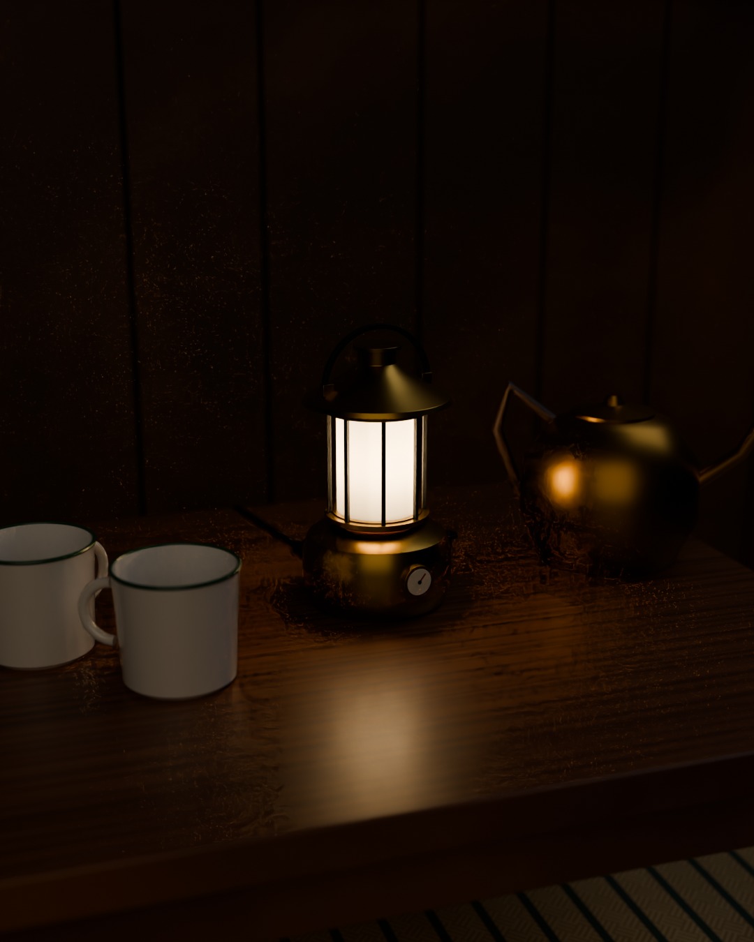 PAM table lamp in brass, switched on, in a kampung house interior