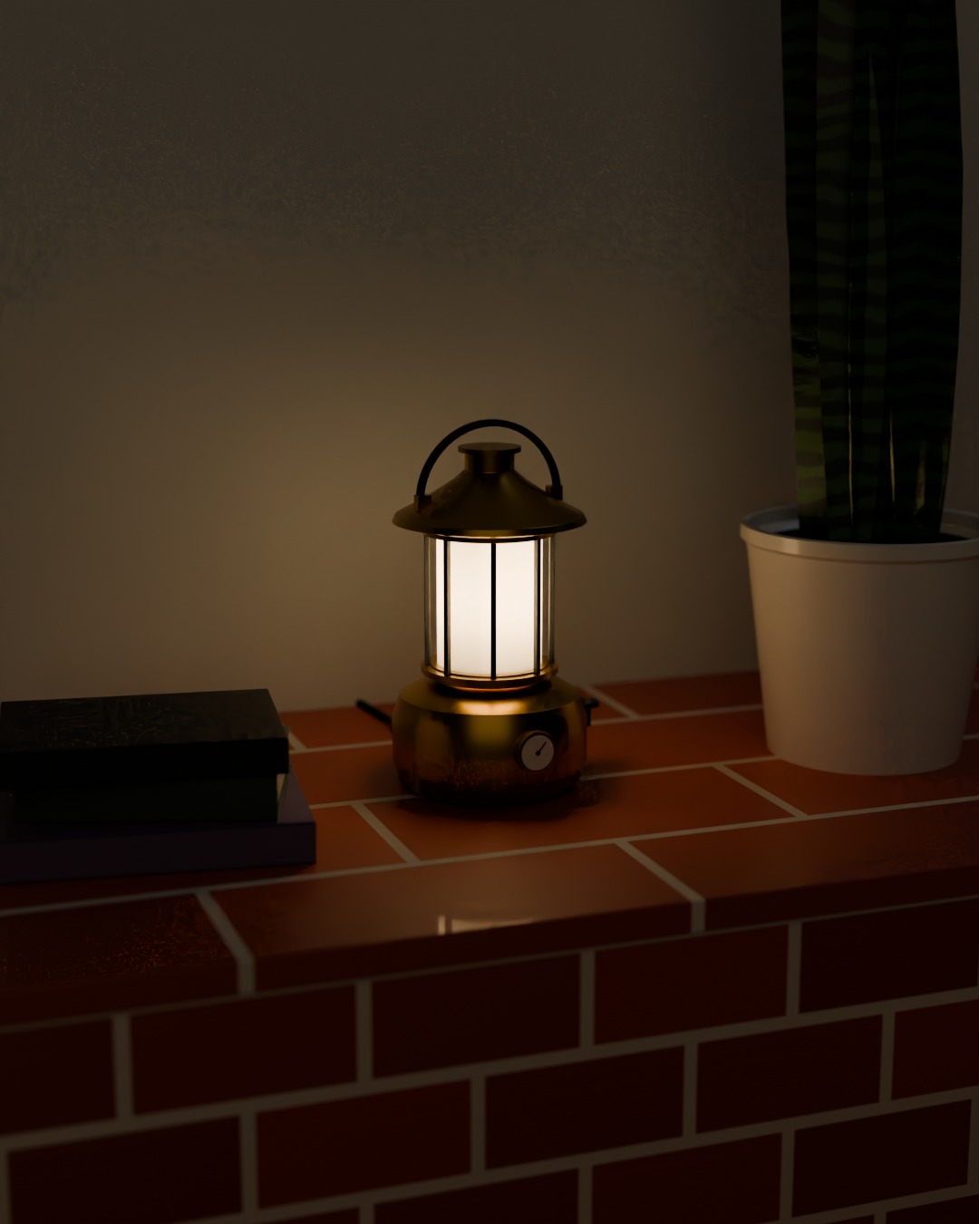 PAM table lamp in brass, switched on, on a window ledge