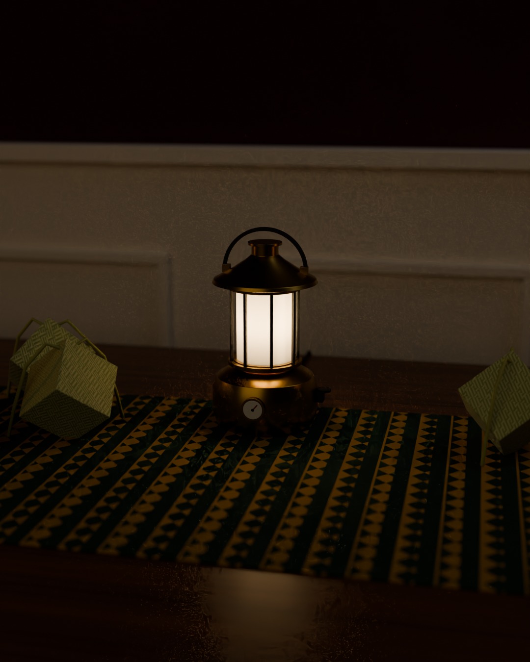PAM table lamp in brass, switched on, in a Hari Raya living room