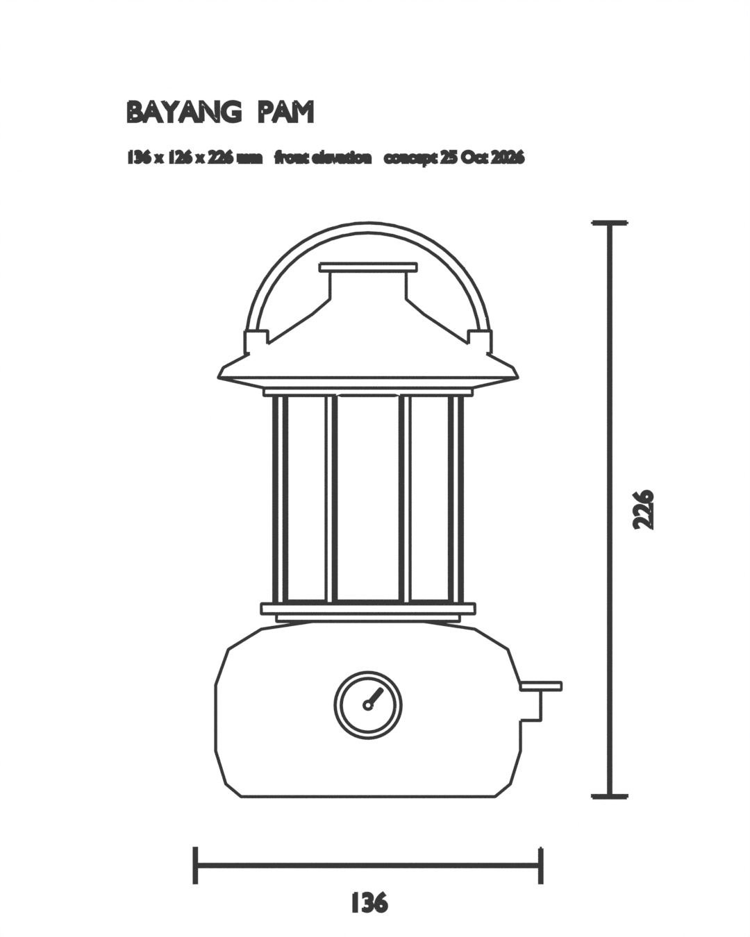 PAM table lamp in brass, dimension drawing with measurements