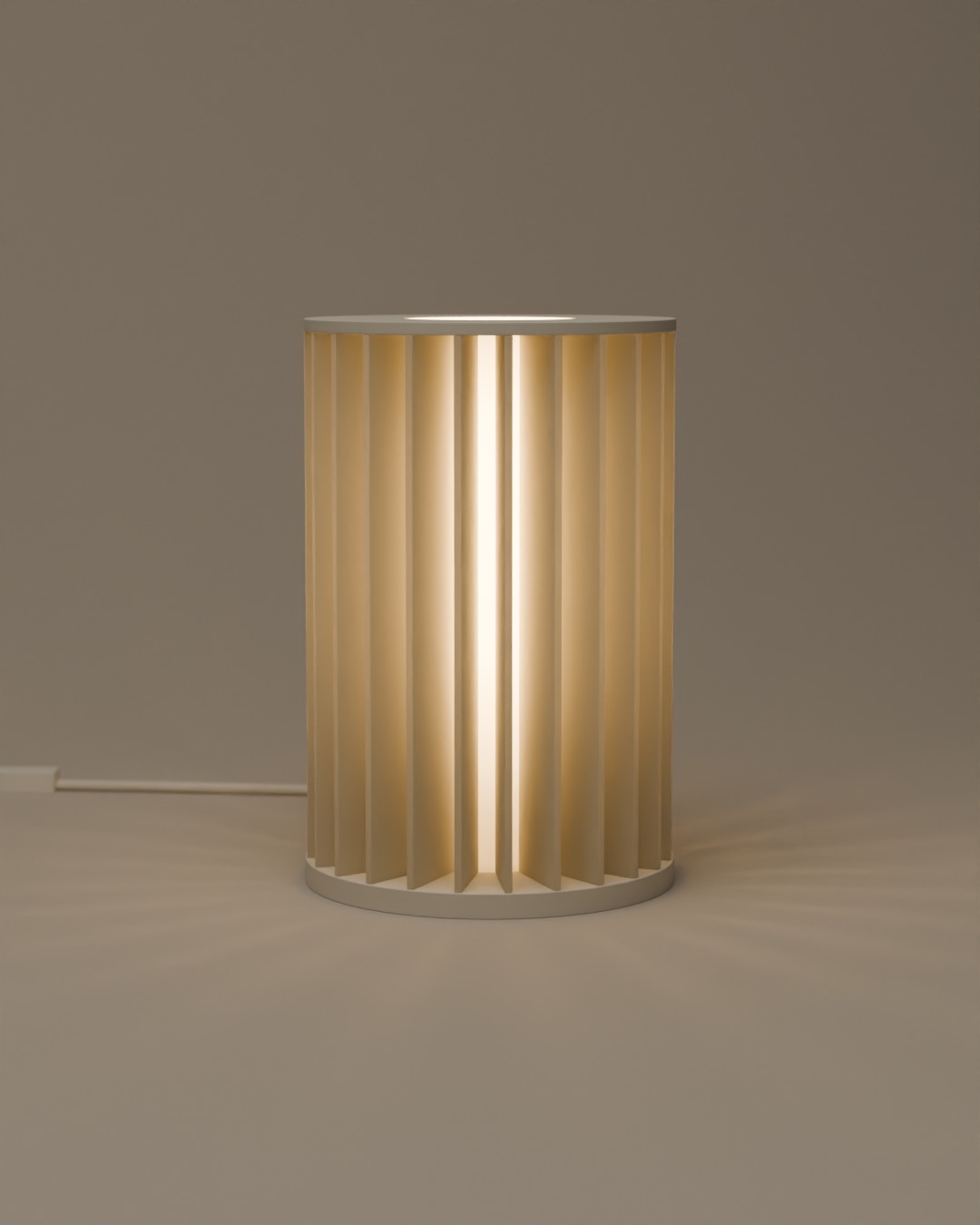 SIRIP table lamp in bone white, switched on, on a plain studio background