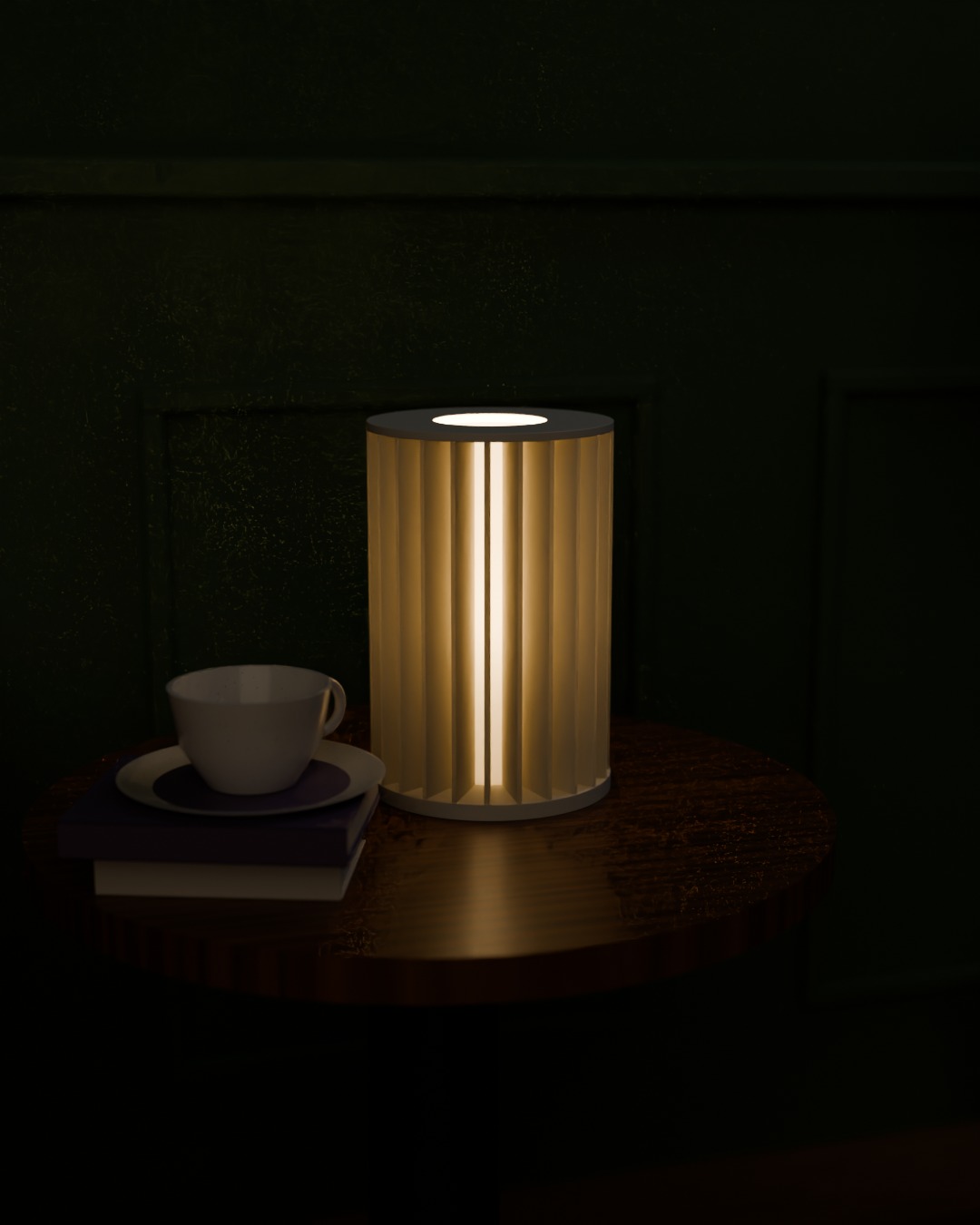 SIRIP table lamp in bone white, switched on, beside a sofa