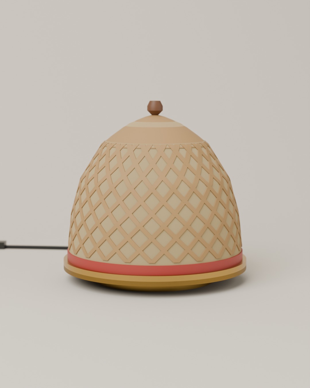 TUDUNG table lamp in bone, red and brass, switched off, on a plain studio background