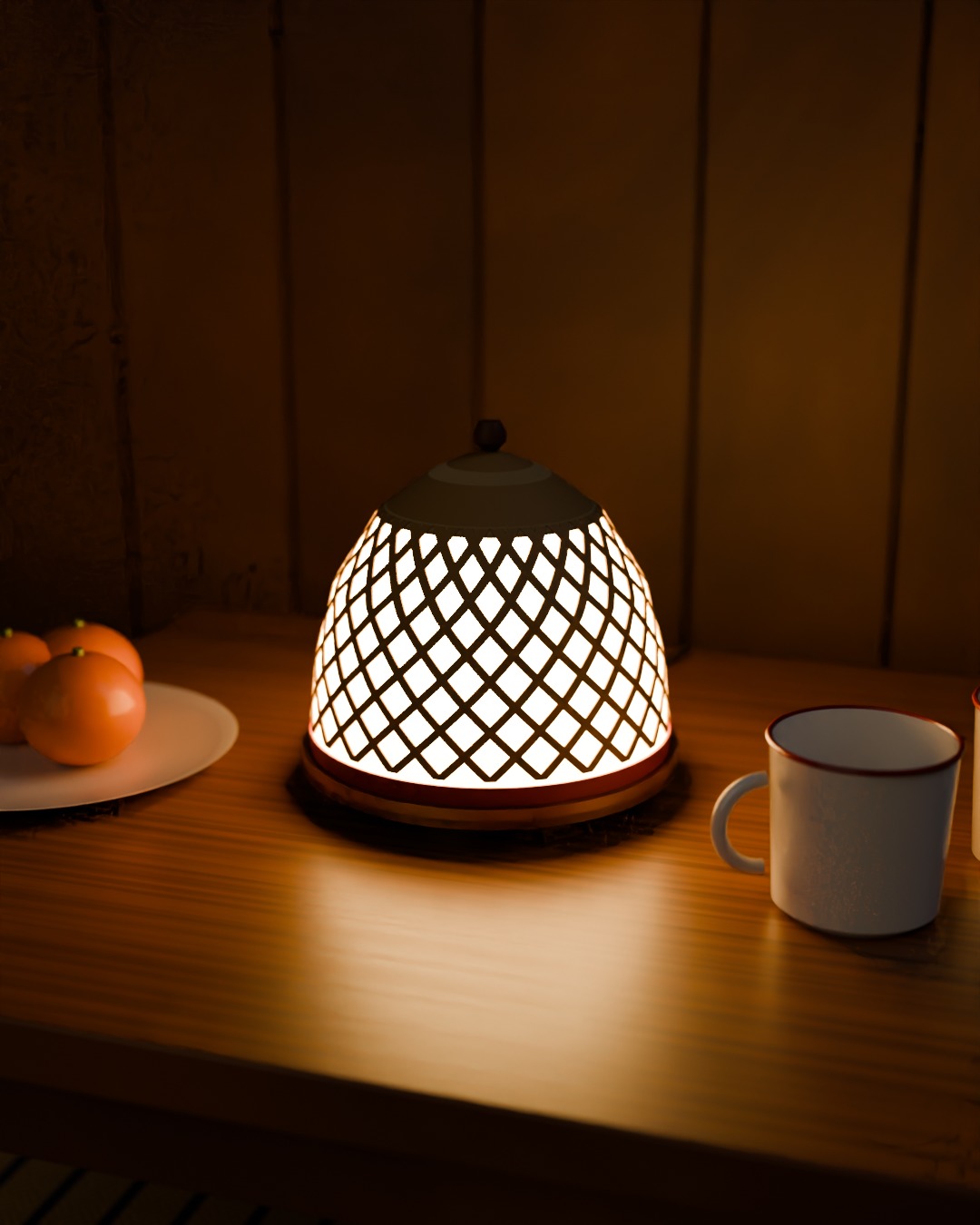 TUDUNG table lamp in bone, red and brass, switched on, in a kampung house interior