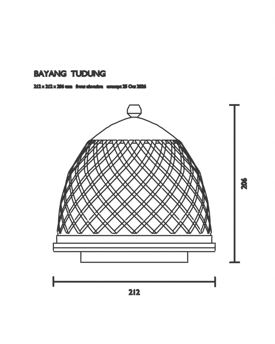 TUDUNG table lamp in bone, red and brass, dimension drawing with measurements